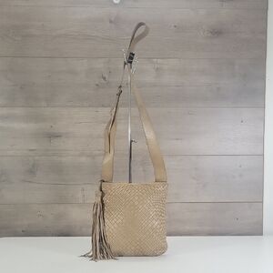 Jennifer Tattanelli Light Brown Woven Leather Crossbody Bag with Tassel
